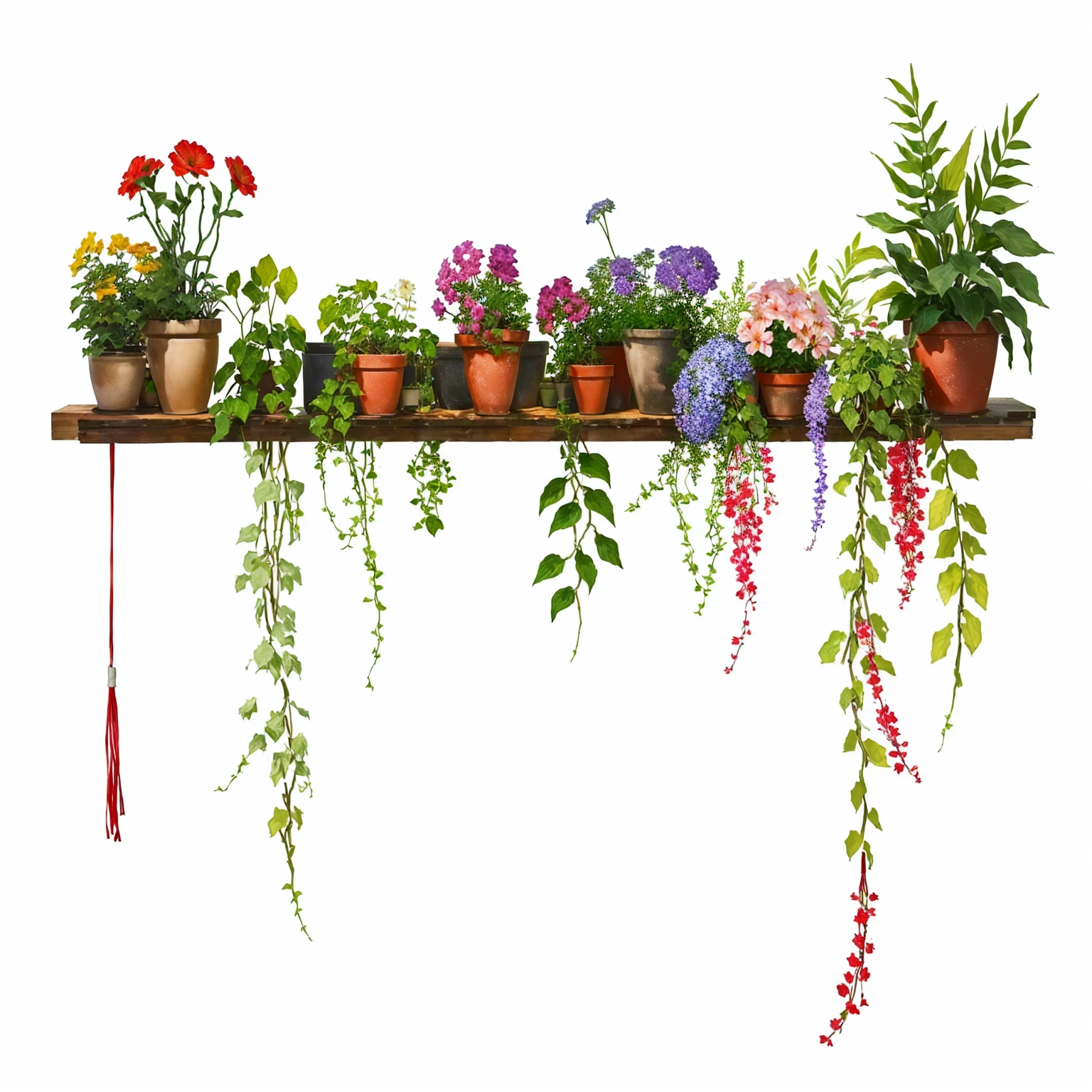 there are many Potted plants on a shelf with a red string, with colorful Flowers and plants, Flowers and plants, Plants and flowers, vine and Plants and flowers, Potted plants, 栽有植物的flowerpot, flowerpot, Herbs and Flowers, lots of Plants and flowers, flowerpot和墙壁上的植物, lush Plants and flowers, Potted plants植物, some plants, Hanging plants