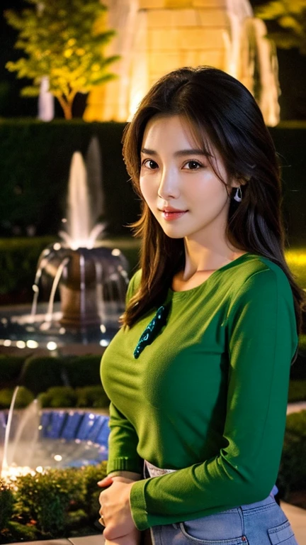 Close-up photo of a beautiful Korean woman, Bust size 34 inches, Wear an appropriate undershirt., at the village, Fountain in the background, nighttime,  bokeh background , HD