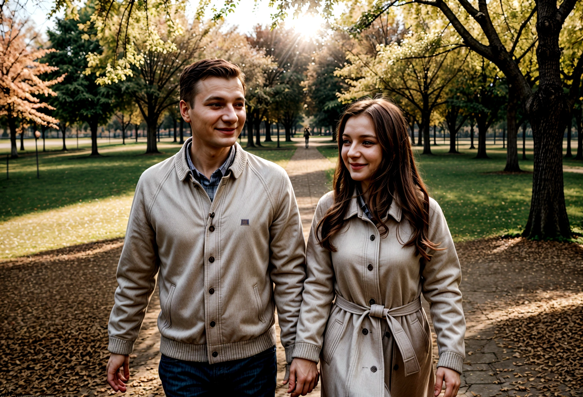 cinematic portrait of Slavic couple with smiling faces, standing in front of the camera, walking in a beautiful blooming park, husband and wife fascinated by nature, soft beauty, gentle sunlight behind, Fallen leaves, Face in front of the camera