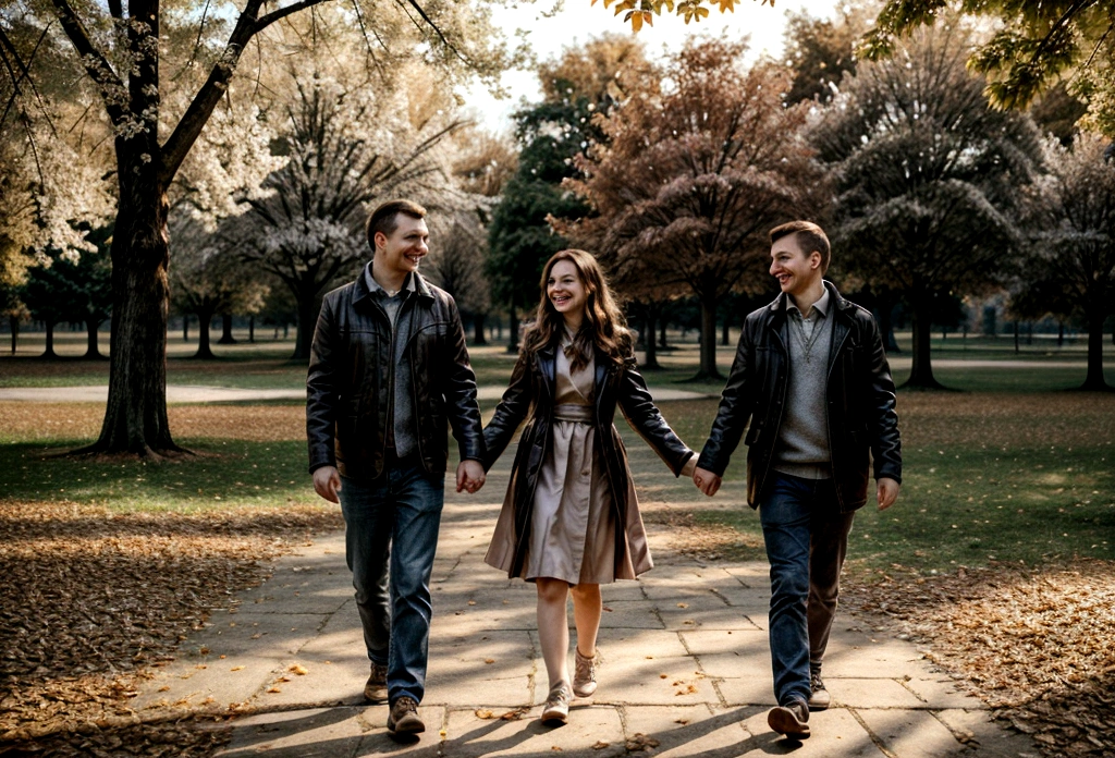 cinematic portrait of Slavic couple with smiling faces, standing in front of the camera, walking in a beautiful blooming park, husband and wife fascinated by nature, soft beauty, gentle sunlight behind, Fallen leaves, Face in front of the camera