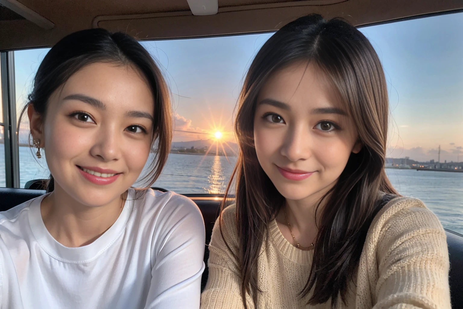 ((Highest quality、8K、masterpiece:1.3))、cute、Slim Couple、Model Couple、The best smile、Happy Smile、45 years old 42 years old、Shortcuts、Upper Body、(Realistic, Intricate details:1.2), Beautiful Model、Beautiful actress, (Brown Hair), (White skin),full-course dinner、Wine Party、Amazing view of the sunset sky and clouds、Sweet eye angle, Ultra HD 8K, Ultra-realistic, photograph, Cinematic, photograph, Wide-angle, Detailed Visuals, 3D Rendering, Soft texture, Realistic, Close up zoom in, (Front view), ((View your viewers)), Perfect corner angle, Thin lips, Natural Beauty, (soft and super White skin), Perfect Skin, (masterpiece), (Beautiful attention to detail), (Makes your face smaller), No makeup, Skinny Wine Bottle、Champagne、sparkling wine、Two beauties、Brown Hair、Shortcuts、Long sleeve shirt、dress、Draw both arms accurately