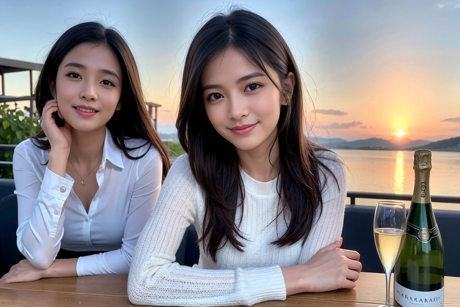 ((Highest quality、8K、masterpiece:1.3))、cute、Slim Couple、Model Couple、The best smile、Happy Smile、45 years old 42 years old、Shortcuts、Upper Body、(Realistic, Intricate details:1.2), Beautiful Model、Beautiful actress, (Brown Hair), (White skin),full-course dinner、Wine Party、Amazing view of the sunset sky and clouds、Sweet eye angle, Ultra HD 8K, Ultra-realistic, photograph, Cinematic, photograph, Wide-angle, Detailed Visuals, 3D Rendering, Soft texture, Realistic, Close up zoom in, (Front view), ((View your viewers)), Perfect corner angle, Thin lips, Natural Beauty, (soft and super White skin), Perfect Skin, (masterpiece), (Beautiful attention to detail), (Makes your face smaller), No makeup, Skinny Wine Bottle、Champagne、sparkling wine、Two beauties、Brown Hair、Shortcuts、Long sleeve shirt、dress、Draw both arms accurately