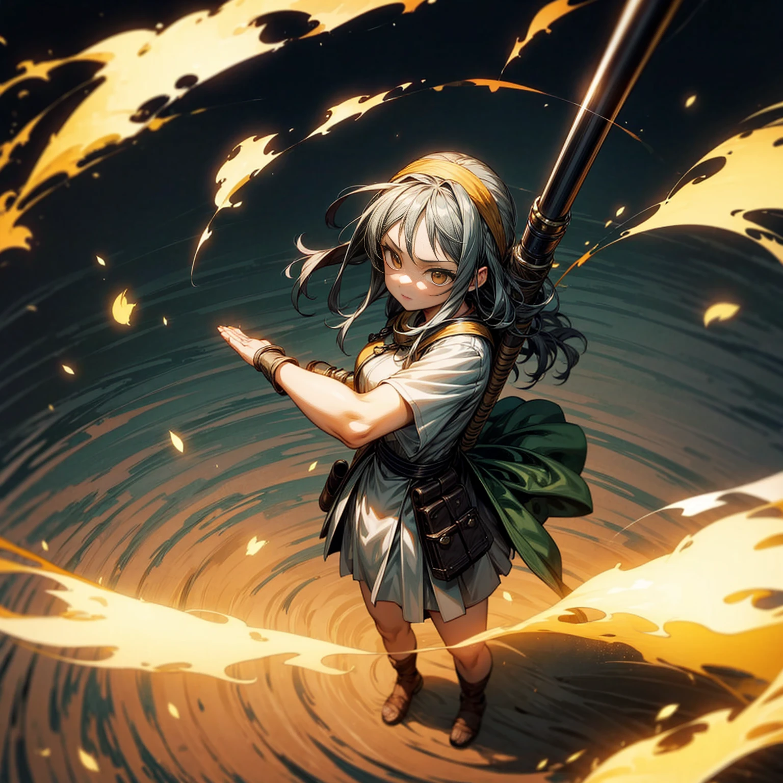 1girl, Full body version, 1character, adult version, gold eyes color, long haircut, (black color hair), bandana, medieval style clothing, bazooka in hand, Grassroots, full background in field forest, motion blur, smoke effect, lighting bazooka, fire, Fire lighting, (Hunter x Hunter style), standing gesture, plasma effect, aura effect, high angle view 