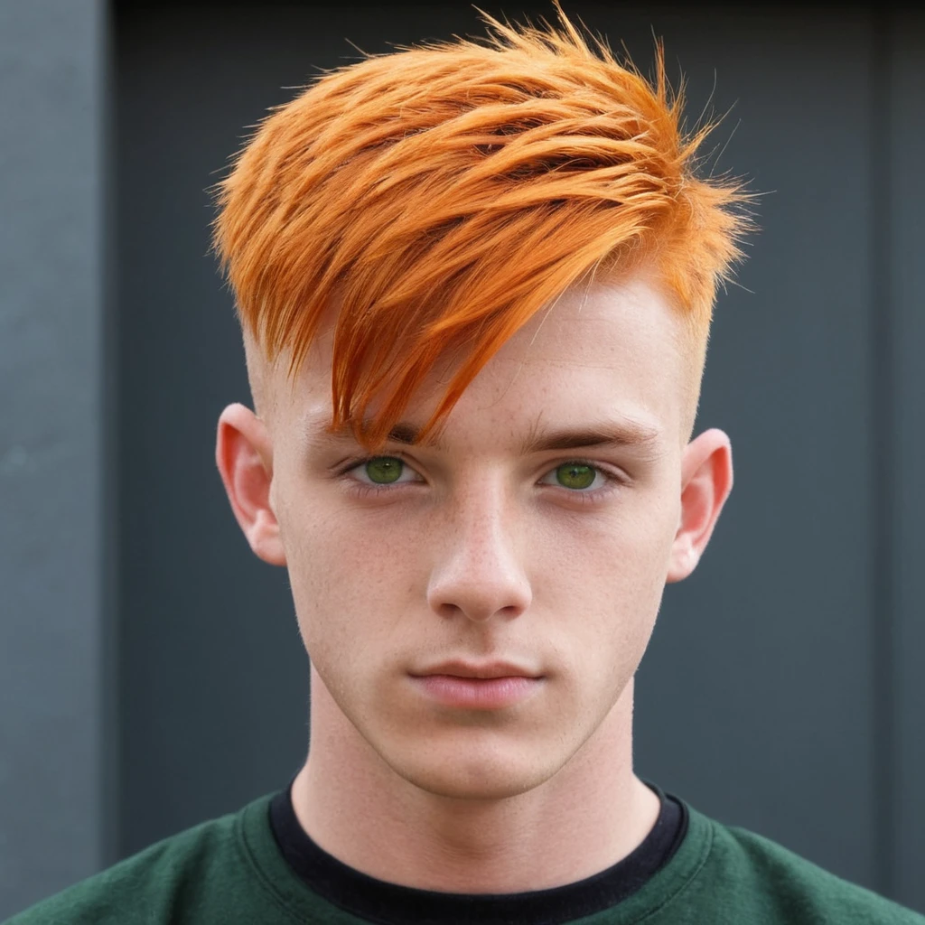 Handsome Scottish guy, orange hair, green eyes, short hair, buzzcut, undercut, 17 years old student,