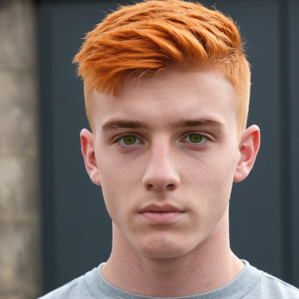 Handsome Scottish guy, orange hair, green eyes, short hair, buzzcut, undercut, 17 years old student,