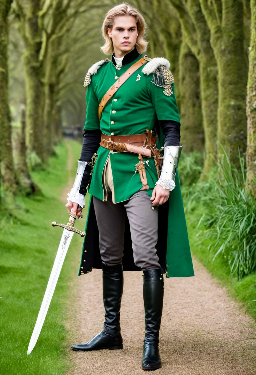 Neels Visser is a prince who has golden blond hair, wears a moss green medieval military outfit, looking straight ahead with a piercing emerald green gaze. full body with a sword at the waist