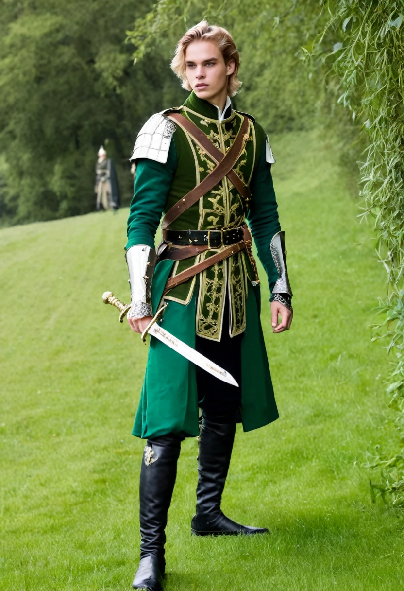 Neels Visser is a prince who has golden blond hair, wears a moss green medieval military outfit, looking straight ahead with a piercing emerald green gaze. full body with a sword at the waist