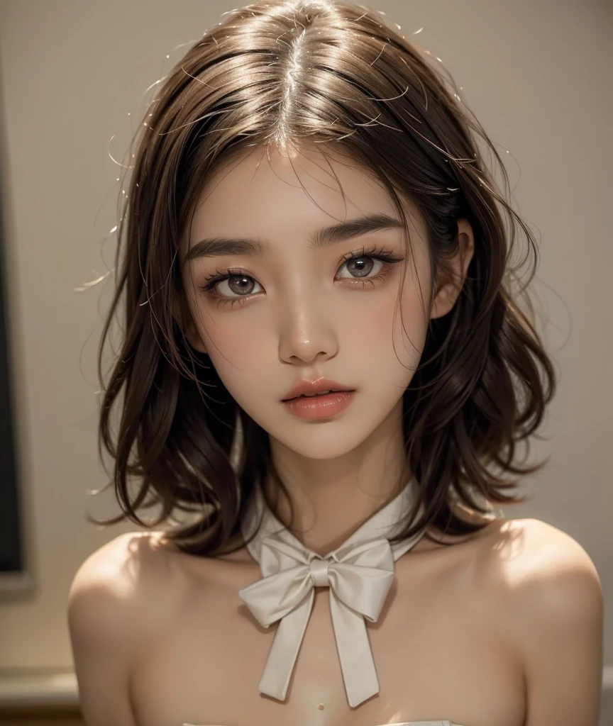 4K,((Highest quality)), ((masterpiece)) , BREAK,((one girl)), (detailed),((in Office)), ((One girl)),((perfect anatomy)), ((nude)),((13 years old)),((flat chest:1.5)), (stare at viewer with stern eyes:1.5),((one girl)),(bitting own lip:1.1),(angry:0.9),nose blush,(shamefull:1.2),(bob cut hair),surprised, ((beautiful realistic face)),((A bow tie)),Beautiful Korean Women, Beautiful young Korean woman, Young and adorable Korean face, Gorgeous Young Korean Woman, Korean Girls, Girl cute beautiful face, Portraits of Korean female idols, Young and pretty Asian face, Cute natural anime face,Asian pretty face,((finely detailed face)),((glistening eyes)),((glistening eyes )),((large eyes)),(( pretty eyes)) ,(detailed),Perfect Face,((One girl)), ((clear eyes)),((show nipples)),((beautiful skin)), don't wear anything ,(show nipples),(upper body)