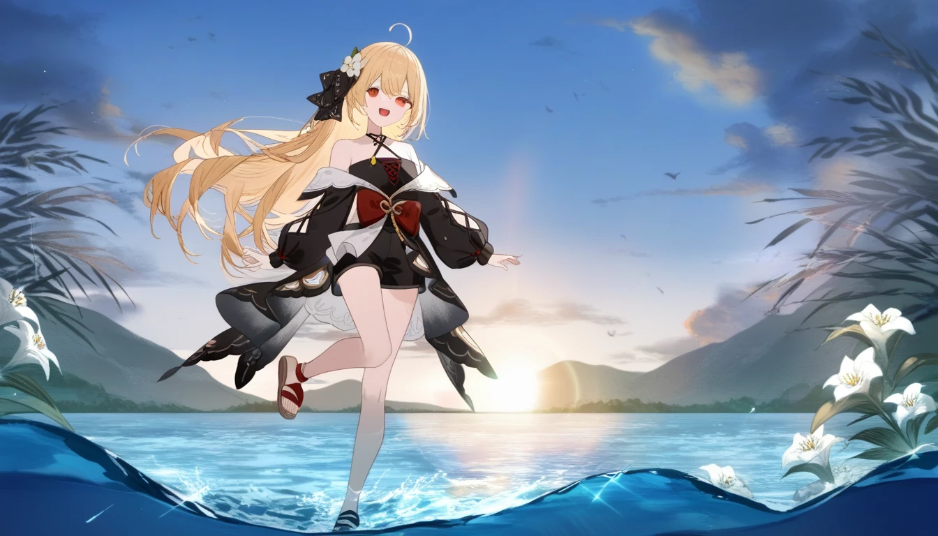 1girl, ciloranko:1.1, noyu \(noyu23386566\), e, minato_ojitan, (z282g:1.3), studio anime, anime screencap, ((absurdres, official art, masterpiece)), best aesthetic, best quality, ultra detailed, intricate details, new, newest, empty eyes, red eyes, solo, outdoors, long hair, shorts, water, ahoge, looking at viewer, long sleeves, sunset, standing, bare shoulders, hair ornament, black shorts, sandals, smile, wading, open mouth, sky, standing on one leg, shirt, flower, sun, hair between eyes, short shorts, blonde hair, very long hair, :d, dress, white flower, outstretched arm, cloud, off shoulder, black footwear, painterly, oil painting style:1.1, muted colours, evening light, dark lighting, oil painting,