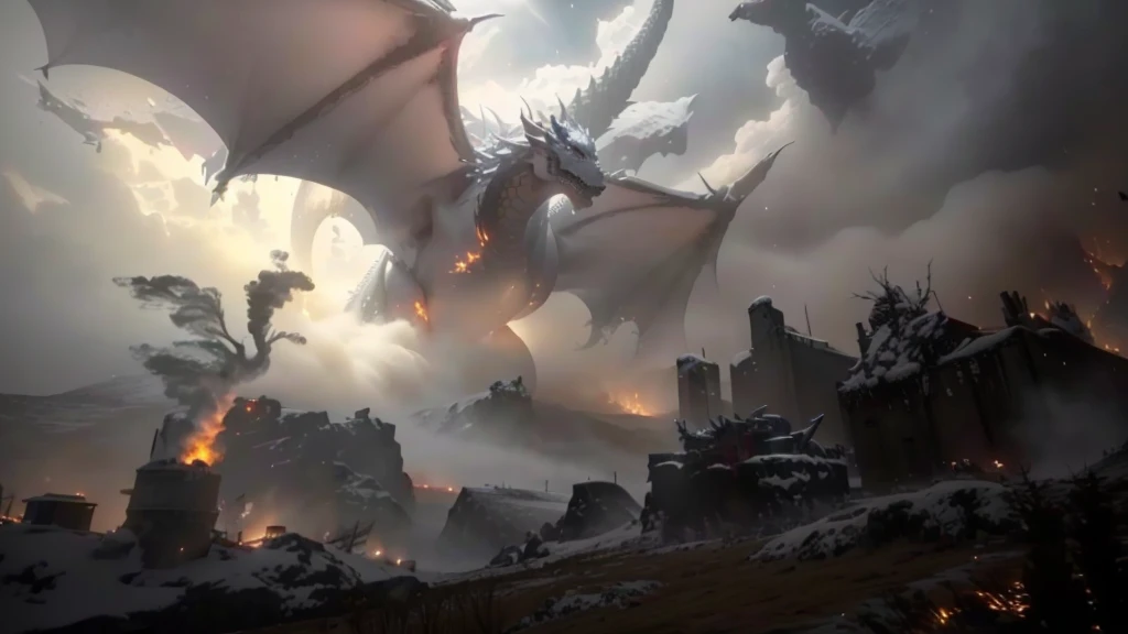 lying winter dragon,dark snowy winter,fog, battle field, dramatic scene, movie scene, fire, view from below, unreal engine, hyper detailed, volumetric lighting,8K, Ultra-HD, photorealism, cinematic rendering, ray tracing, highest quality