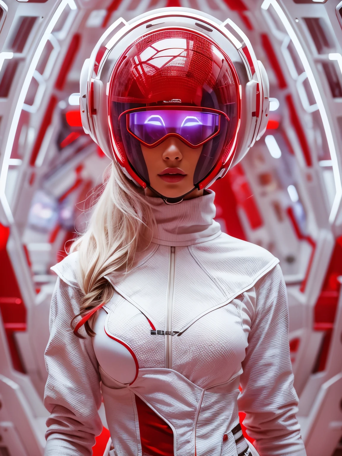 Full body. An ultra hot gorgeous European woman covered in loose clothing. White cotton veils. Large breast. ((Her face is hidden behind a futuristic helmet )).A sci-fi image. In an aseptic setting. Red hues.