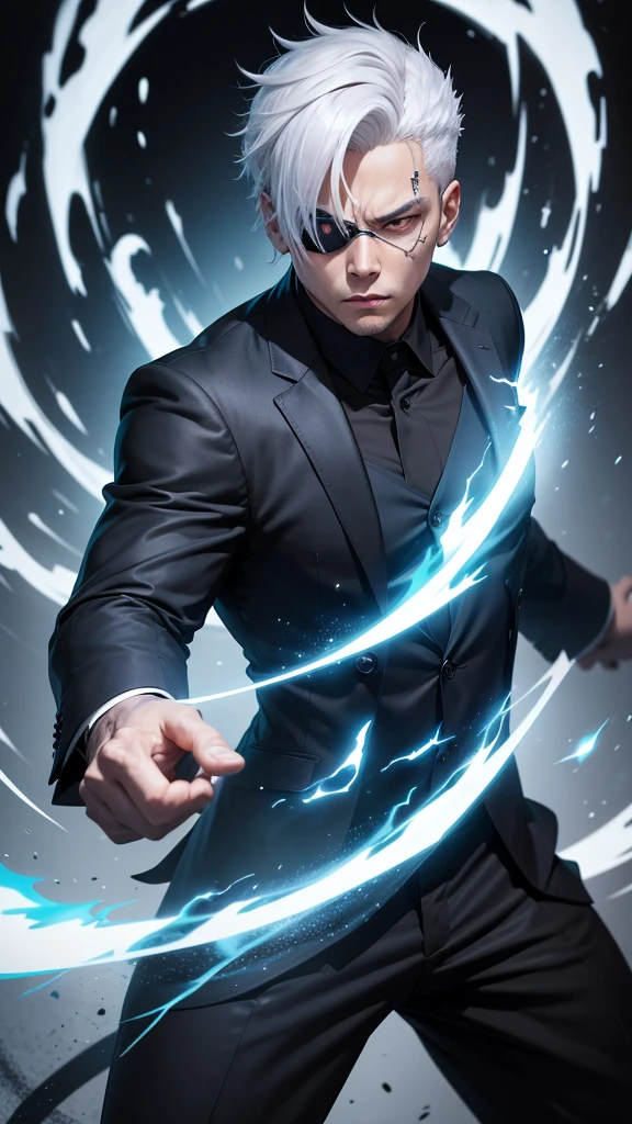 Create an image of Gojo Satoru from "Jujutsu Kaisen." He should look both fierce and cute. His iconic white hair should be slightly tousled, and his usual blindfold should be replaced with black sunglasses resting on his forehead, revealing his piercing blue flame eyes. He should be in his usual black high-collar outfit, standing in a dynamic pose with one hand raised, fingers splayed, as if he's about to unleash his power. The background should be a dark, swirling energy field with blue flames subtly integrated, enhancing his intense yet charming aura.