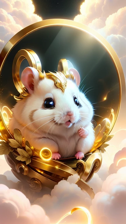 god々One cute hamster、Aura of Gold,looking at the camera、Look this way、Background gold、Clouds below