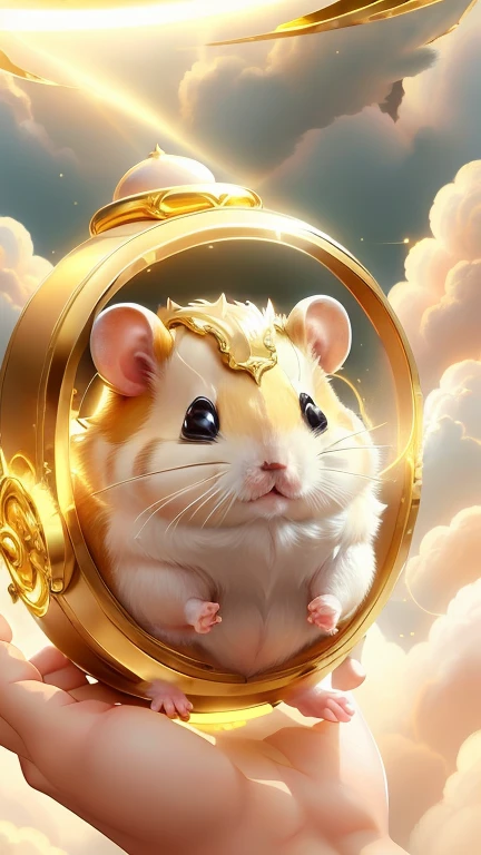 god々One cute hamster、Aura of Gold,looking at the camera、Look this way、Background gold、Clouds below