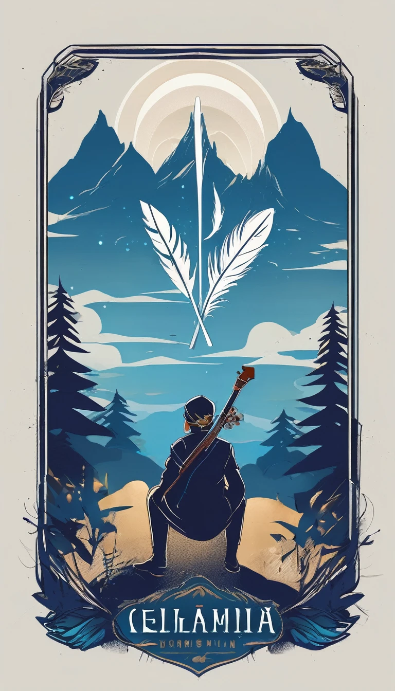 Create a minimalistic, simple, fantastic, easy to understand, logo design of a boy and a feather for an upcoming Role Playing Game called " Penamemoria". The game is about a world of bird and feathers and the inspirational, creative journey of a boy and his acoustic guitar. A boy enters that world and discovers his true artistic identity. Create a logo design that transmits the essence of this videogame and this world. It´s a fantasy game, with fantasy elements. Create the minimalistic logo in the center and a fantasy theme as background. Use the colours blue, white, light golden in the logo.