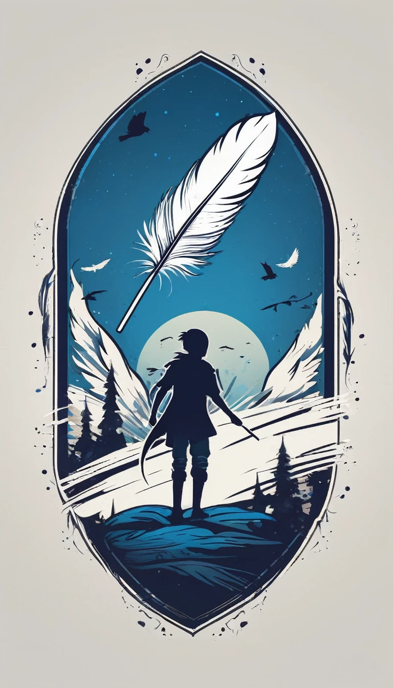 Create a minimalistic, simple, fantastic, easy to understand, logo design of a boy and a feather for an upcoming Role Playing Game called " Penamemoria". The game is about a world of bird and feathers and the inspirational, creative journey of a boy and his acoustic guitar. A boy enters that world and discovers his true artistic identity. Create a logo design that transmits the essence of this videogame and this world. It´s a fantasy game, with fantasy elements. Create the minimalistic logo in the center and a fantasy theme as background. Use the colours blue, white, light golden in the logo.