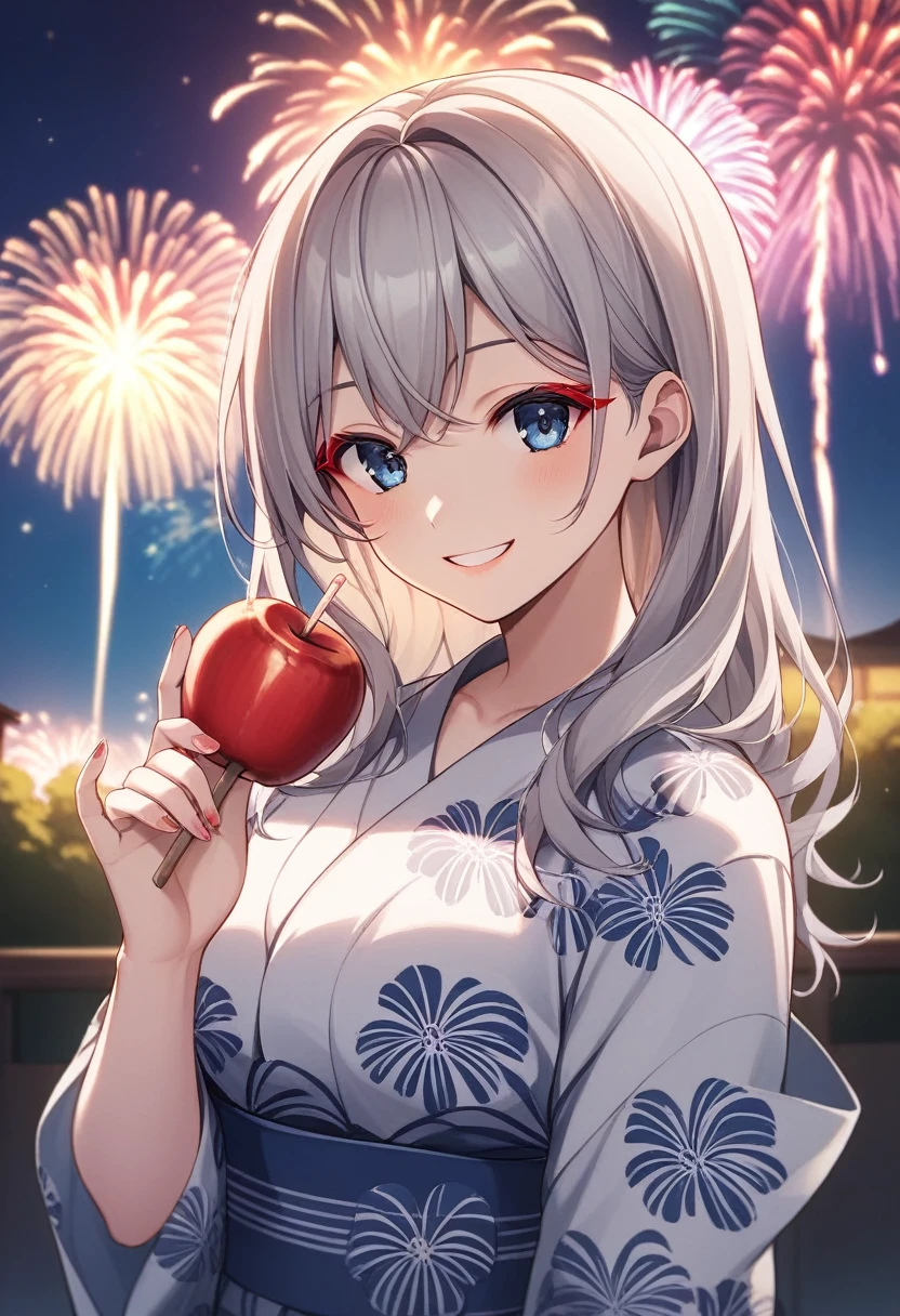 (masterpiece:1.2),Anime Cute Girl、cute、silver Hair、medium long hair、Up hairstyle、hair ornaments、Beautiful blue eyes、Red eyeliner、Girl wearing yukata、Yukata with bright floral pattern、Pink yukata、Short length、smile、((Holding a candy apple in her hand)),Night stalls、Night Festival、(((background、Fireworks)))、Festivals、summer night、Light production、Beautiful artwork、Detailed drawing、A Scene of Youth、Fisheye Lens、Close-up,Pale colors