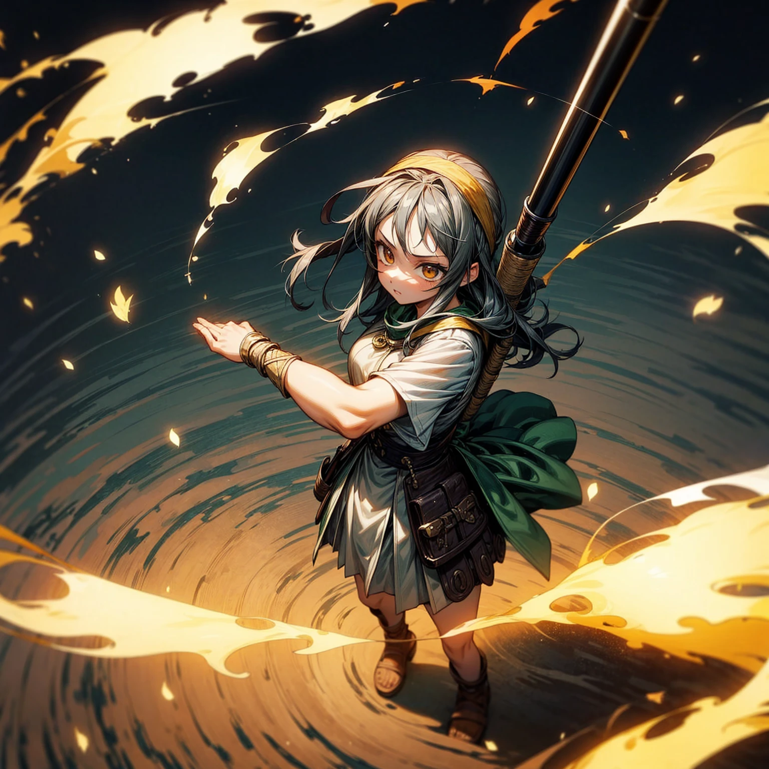 1girl, Full body version, 1character, adult version, gold eyes color, long haircut, (black color hair), bandana, medieval style clothing, bazooka in hand, Grassroots, full background in field forest, motion blur, smoke effect, lighting bazooka, fire, Fire lighting, (Hunter x Hunter style), standing gesture, plasma effect, aura effect, high angle view 