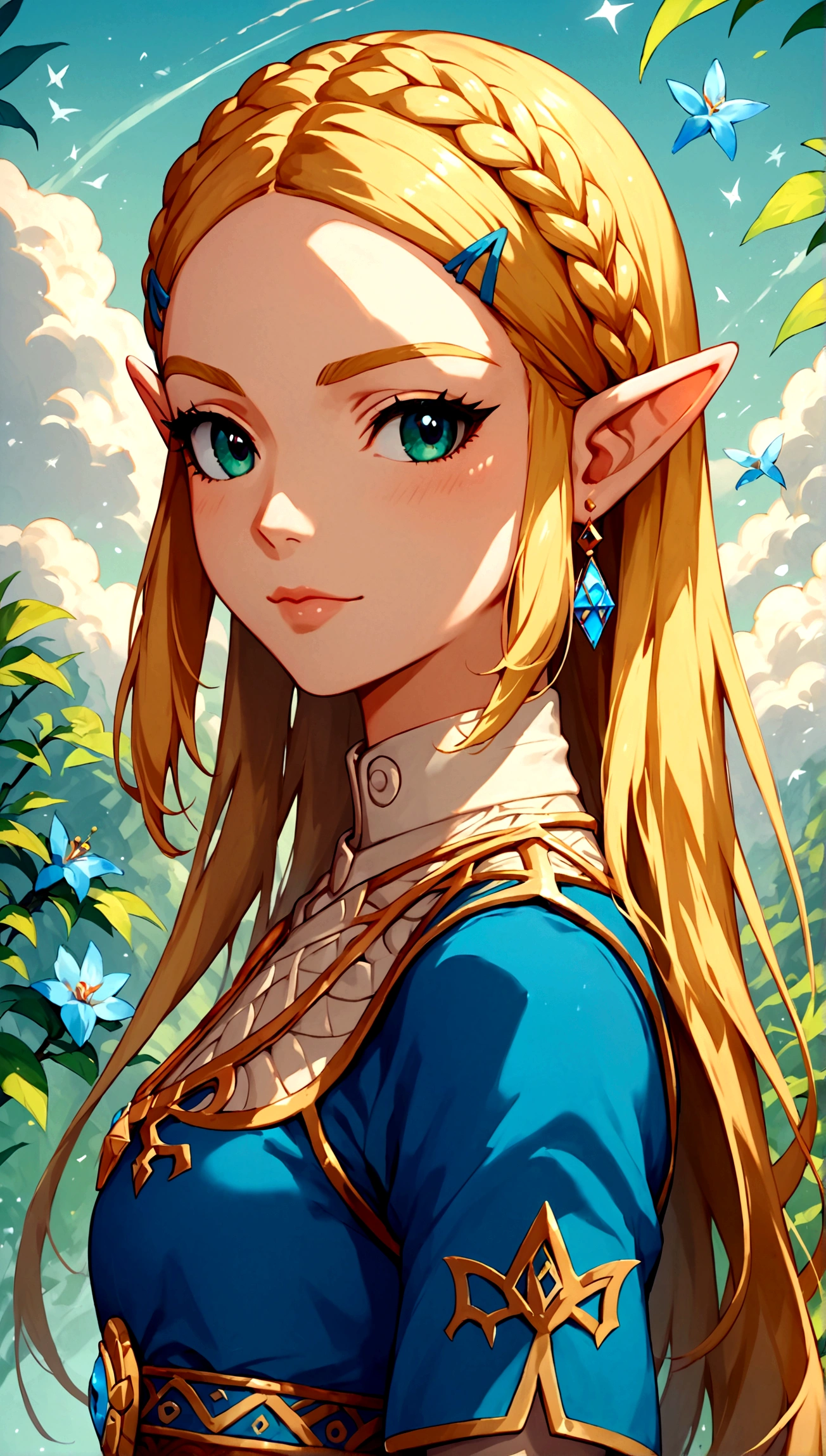 score_9, score_8_up, score_7_up, score_6_up, masterpiece, top quality, best quality, official art, beautiful and aesthetic, anime_source, centered, cinematic shot, portrait, brush stroke, 1girl, zelda, blunt bangs, long blonde hair, abstract background, epic composition, epic proportion, 8K