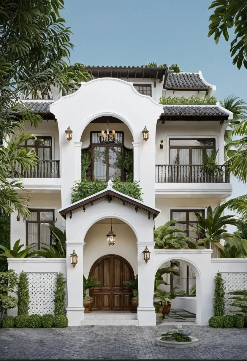 Render a small 3-story Indochine-style villa in a serene setting. The villa's exterior is painted in a simple, elegant white, with traditional Indochine architectural elements such as arched windows, wooden shutters, and decorative railings. The roof features a two-sided sloping design similar to the houses in Hoi An, with the slopes running front to back, contrasting beautifully with the white walls. Lush greenery surrounds the villa, with a well-manicured garden featuring tropical plants and a cobblestone pathway leading to the entrance. The front porch has classic wooden furniture and lanterns, evoking a sense of timeless elegance. The lighting highlights the villa's sophisticated design and harmonious blend of traditional and modern elements.
8k resolution, UHD, high-quality detail, Indochine style, white exterior, arched windows, wooden shutters, decorative railings, two-sided sloping roof, Hoi An style, lush greenery, manicured garden, cobblestone pathway, classic wooden furniture, lanterns, harmonious blend of traditional and modern elements, sophisticated design, serene setting, attracted lighting, real sunlight