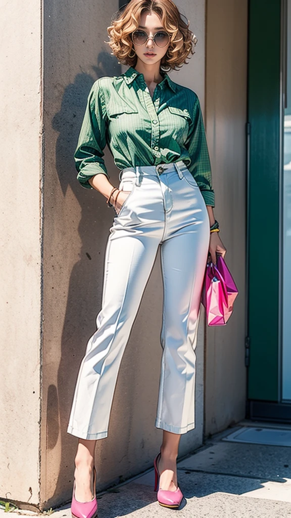 Short blonde curly hair, green denim shirt, white pants, pink eyes, standing with his legs crossed, heart-shaped sunglasses