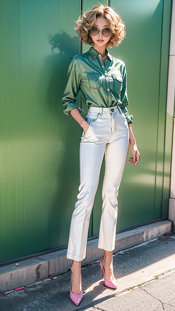 Short blonde curly hair, green denim shirt, white pants, pink eyes, standing with his legs crossed, heart-shaped sunglasses
