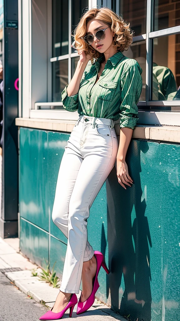 Short blonde curly hair, green denim shirt, white pants, pink eyes, standing with his legs crossed, heart-shaped sunglasses