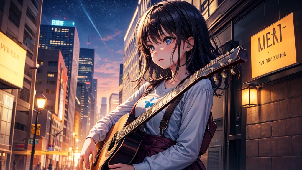 An anime girl standing confidently in the morning light, holding a guitar and ready to face the day. She is wearing her favorite shirt, looking vibrant and alive. The background shows a cityscape coming to life with the first light of dawn, symbolizing new beginnings and endless possibilities. The girl's expression is one of determination and joy, with a pocket full of dreams and a heart that's true. As the scene transitions to night, the city lights flicker and the streets pulse with energy. The girl is strumming chords and singing out her soul, surrounded by the rhythm of the night. The atmosphere is filled with a sense of freedom and courage, with vibrant colors and dynamic lighting highlighting her journey. The overall mood is one of resilience, passion, and the unstoppable pursuit of dreams.