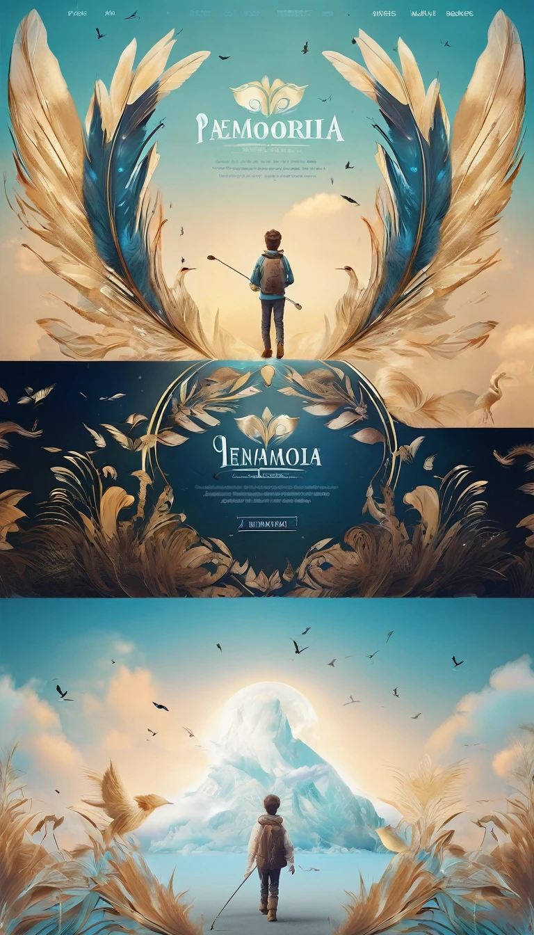 Create a professional, fantastic, cinematic dream-like Youtube Banner for a brand about music, stories, fantasy and dreams called " Penamemoria". Masterpiece, 4k, sharp focus, highest quality,wide shot. The title is " Penamemoria". Is a brand about the creative, unique journey of a boy into becoming a musician storyteller. In his journey he finds inspiration in a world of birds and feathers. Minimalistic, simple, poetic, dreamy logotype at the center of the image. The Background image is a world full of fantastic feathers, unique birds, light blue sky, soft white and light golden. Logo design of a face of a boy and a face of a feather