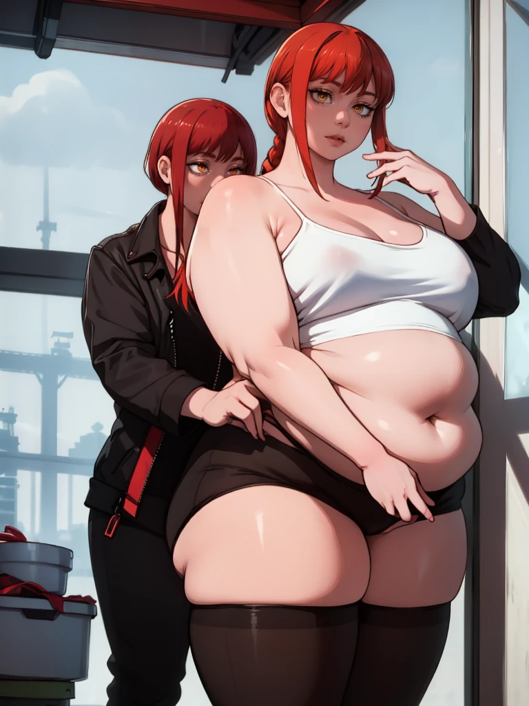 Le personnage Makima de la série animée Chainsaw Man, fragile, obésité morbide, ssbbw, pleine longueur (corps entier 1.1.), fond sombre, obscurité, anatomie correcte 1.1, anatomie correcte de la main, Très féminin, corps gras et rond, grosses Jambes, fesses, beau corps obèse, ventre rond et mou très gras, cheveux roux, Yeux oranges, Cercles rouges pour les écoliers, chemise blanche, jupe noire, cravate noire, pose sexy, réaliste, very détaillé, beau corps, détaillé body, détaillé hands, détaillé, vibrant, détaillé Face, Conception des personnages de Makima. very détaillé, détaillé body, détaillé hands, détaillé Face, Art animé, Hugh Détails, Visage très abattu, détaillé eyes, Illustration ultra fine, Meilleure ombre, détail fin, beautiful détaillé glow, beautiful détaillé, Extraordinairement beau, extremely détaillé, inexpressif, composition épique, Style animé. art animé, Style animé. Jupe noire, chemise blanche, cravatte, pose sexy. Double menton, visage très gras, grosses joues, joues potelées