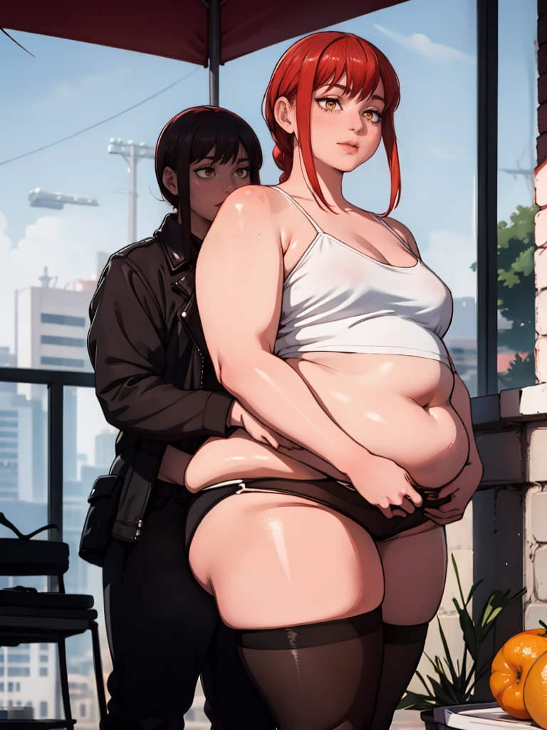 Le personnage Makima de la série animée Chainsaw Man, fragile, obésité morbide, ssbbw, pleine longueur (corps entier 1.1.), fond sombre, obscurité, anatomie correcte 1.1, anatomie correcte de la main, Très féminin, corps gras et rond, grosses Jambes, fesses, beau corps obèse, ventre rond et mou très gras, cheveux roux, Yeux oranges, Cercles rouges pour les écoliers, chemise blanche, jupe noire, cravate noire, pose sexy, réaliste, very détaillé, beau corps, détaillé body, détaillé hands, détaillé, vibrant, détaillé Face, Conception des personnages de Makima. very détaillé, détaillé body, détaillé hands, détaillé Face, Art animé, Hugh Détails, Visage très abattu, détaillé eyes, Illustration ultra fine, Meilleure ombre, détail fin, beautiful détaillé glow, beautiful détaillé, Extraordinairement beau, extremely détaillé, inexpressif, composition épique, Style animé. art animé, Style animé. Jupe noire, chemise blanche, cravatte, pose sexy. Double menton, visage très gras, grosses joues, joues potelées
