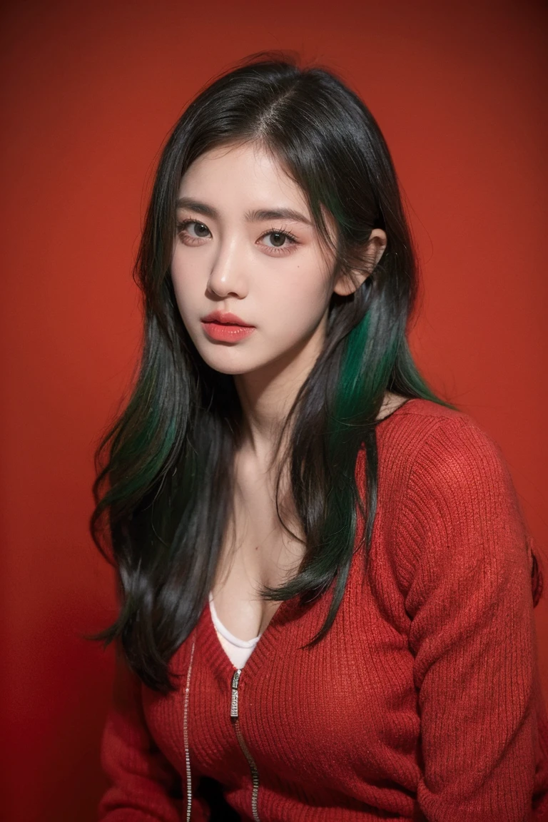 21-year-old girl, green hair, red background,