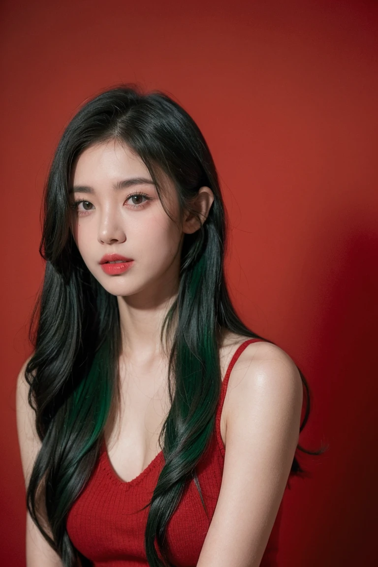21-year-old girl, green hair, red background,