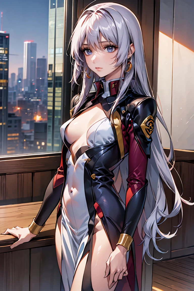 「A 20-year-old young female pilot、Height: 165cm、(Long wavy silver hair:1.8, Blue and orange two-tone color, Deep purple eyes)。With skin as white as porcelain、His calm and intelligent expression exudes kindness.。Wearing an elegantly designed futuristic suit、Silver and purple accents。A shiny bracelet on his left wrist、She has a small earring in her right ear.。The background is a futuristic cityscape seen from a room in a high-rise building.、Outside the window, the night city spreads out。In a standing position、Hold the window frame lightly with one hand、Gazing into the distance。He exudes an air of keen intelligence and deep compassion.。」Perfect Anatomy