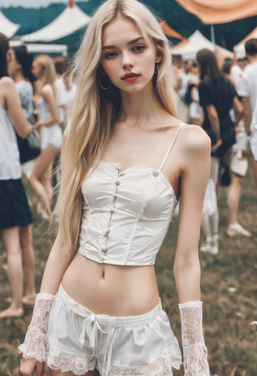 1 girl , 19 years, petite, skinny, Russian Vogue cover , fashion magazine quality photo , pale skin , long blonde hair, photorealistic, adorable perfect face, all parts perfect , during a photoshoot , music festival, photorealism, ultrarealistic, , toplessgirl, , 8k quality , white stockings, shiny skin,