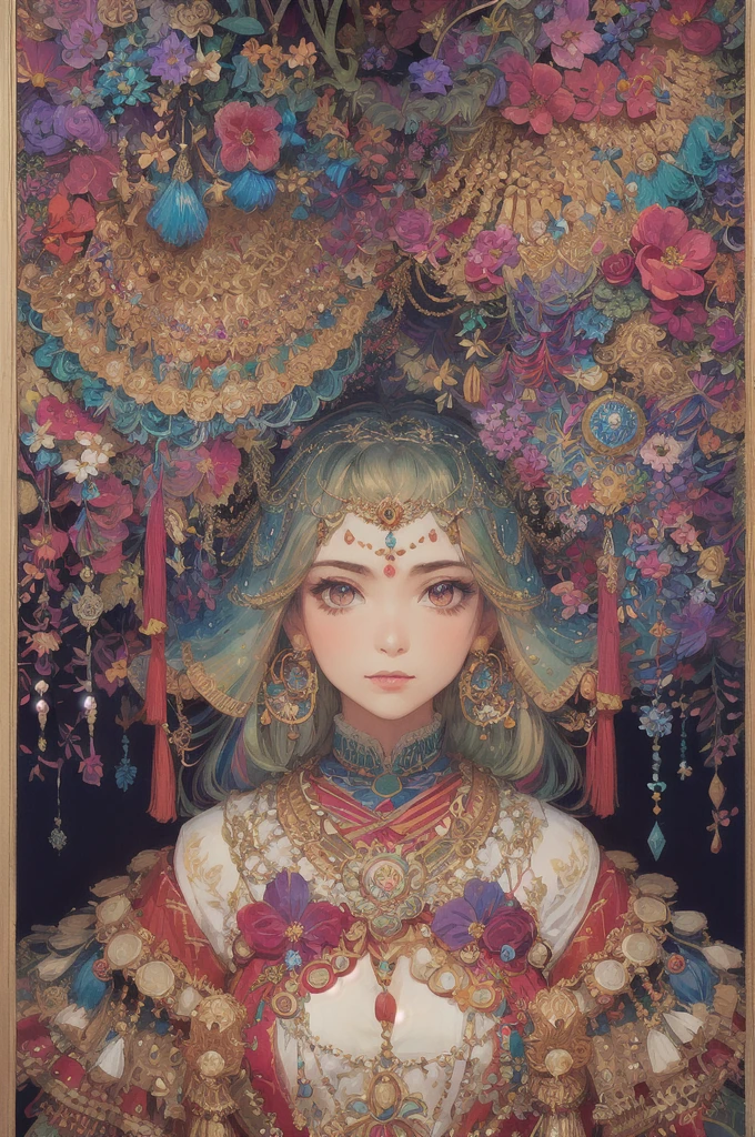 (masterpiece, Highest quality, Highest quality, Official Art, beautifully、aesthetic:1.2), (One girl:1.3), Very detailed,(Fractal Art:1.1),(colorful:1.1)(Flowers:1.3),Most detailed,(Tangled:1.2), (Dynamic pose), (Abstract background:1.3), (Indian Traditional Cloth:1.2), (Shiny skin), (Many colors:1.4), ,(Earrings:1.4),Horns on the head