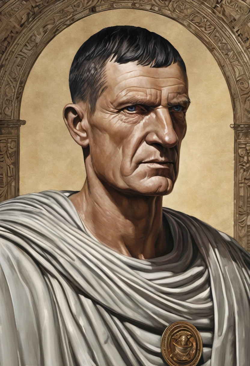 "A detailed portrait of Marcus Licinius Crassus, showcasing his distinguished features, wearing a toga with a laurel wreath, symbolizing his status and influence in Roman society."
Size: "1024x1024"