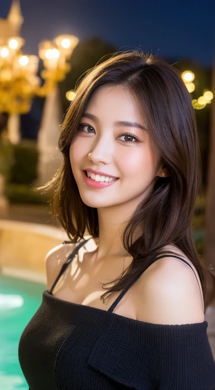 ((night scene, realistic light, best quality, 8K, Masterpiece: 1.3)), 1 woman, slim body beauty: 1.4, brown hair, (big: 1.3), off shoulder cut top: 1.3, Extraordinarily detailed face, Detailed eyes, Double eyelids, Disneyland, fountain, castle, fireworks, smile, rift