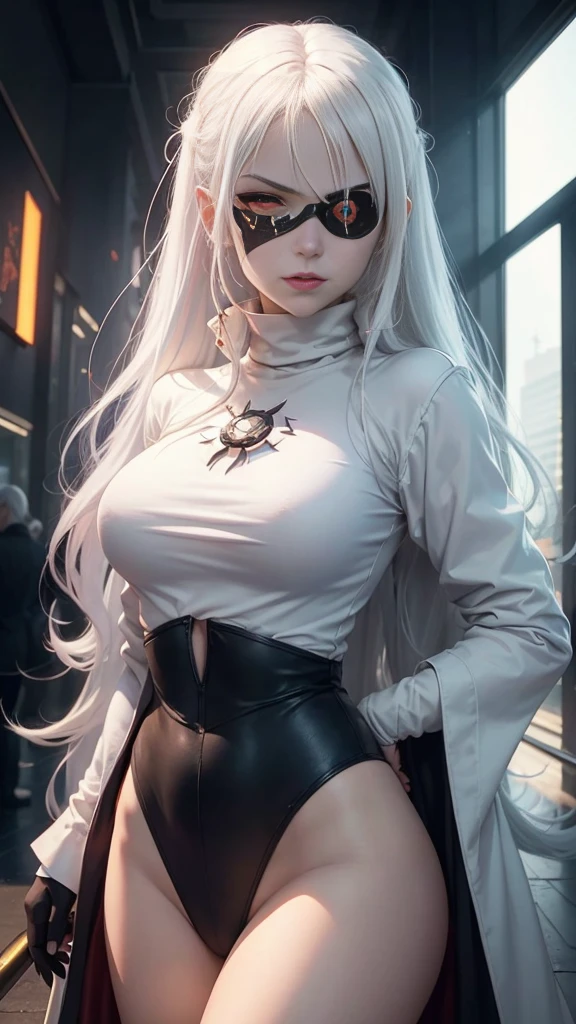 1girl, (solo), anime girl with long white hair and red eyes, girl with white hair, girl in red open chest turtleneck, ((eyepatch)), pointed ears, ((vampire)), smirk, smug, closed mouth, cowboy shot, perfect white haired girl, white haired deity, digital cyberpunk anime art, turtleneck, lens flare, ((dramatic lighting)), soft glowing red eyes, extremely detailed, masterpiece, looking at viewer, city in background, (night)