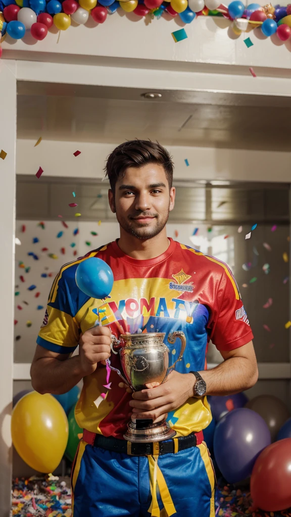 a triumphant man standing proudly with a trophy,confetti and balloons surrounding him,vibrant colors,bold text,congratulations message,detailed portrait,realistic,photorealistic,4k,masterpiece,professional