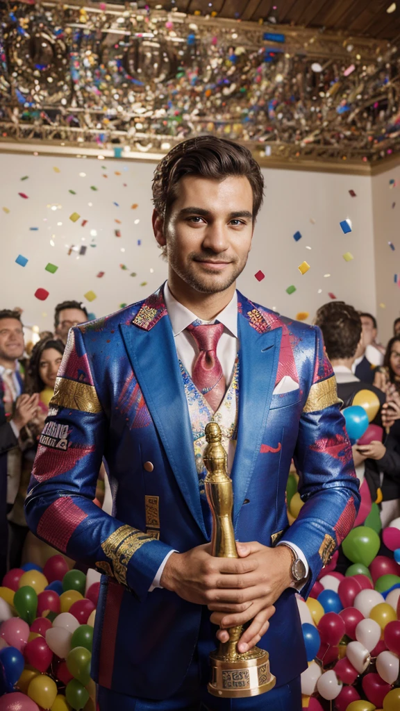 a triumphant man standing proudly with a trophy,confetti and balloons surrounding him,vibrant colors,bold text,congratulations message,detailed portrait,realistic,photorealistic,4k,masterpiece,professional