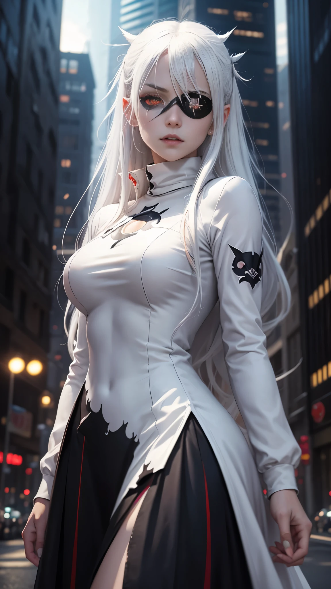 1girl, (solo), anime girl with long white hair and red eyes, girl with white hair, girl in white turtleneck, ((eyepatch)), pointed ears, ((vampire)), smirk, smug, closed mouth, cowboy shot, perfect white haired girl, white haired deity, digital cyberpunk anime art, turtleneck, lens flare, ((dramatic lighting)), soft glowing red eyes, extremely detailed, masterpiece, looking at viewer, city in background, (night)