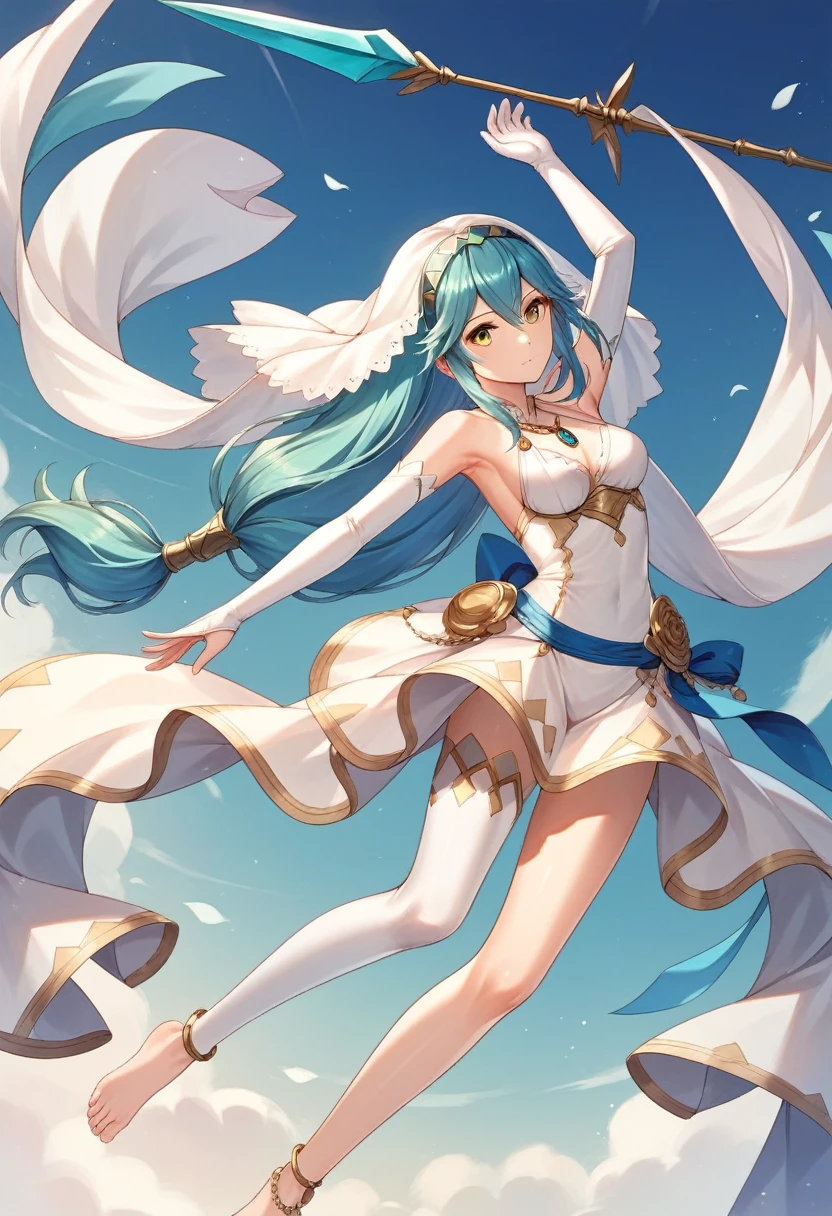 masterpiece, Highest quality, Very detailed, score_9, score_8_upper, score_7_upper, score_6_upper, アニメ, Aqua(Fire emblem), Low-tied_long_hair, light_blue_hair, Yellow Eyes, Asymmetrical legwear, barefoot, Opera Gloves, pendant,White legwear, Single bare leg, White Dress, hair band, Long hair between the eyes, Gold Anklet, Veil, Beautiful Eyes, Perfect Face, Perfect hands, Perfect Fingers, medium breasts, Very beautiful long legs, Thighs, spear, Have a weapon, armpits, determined