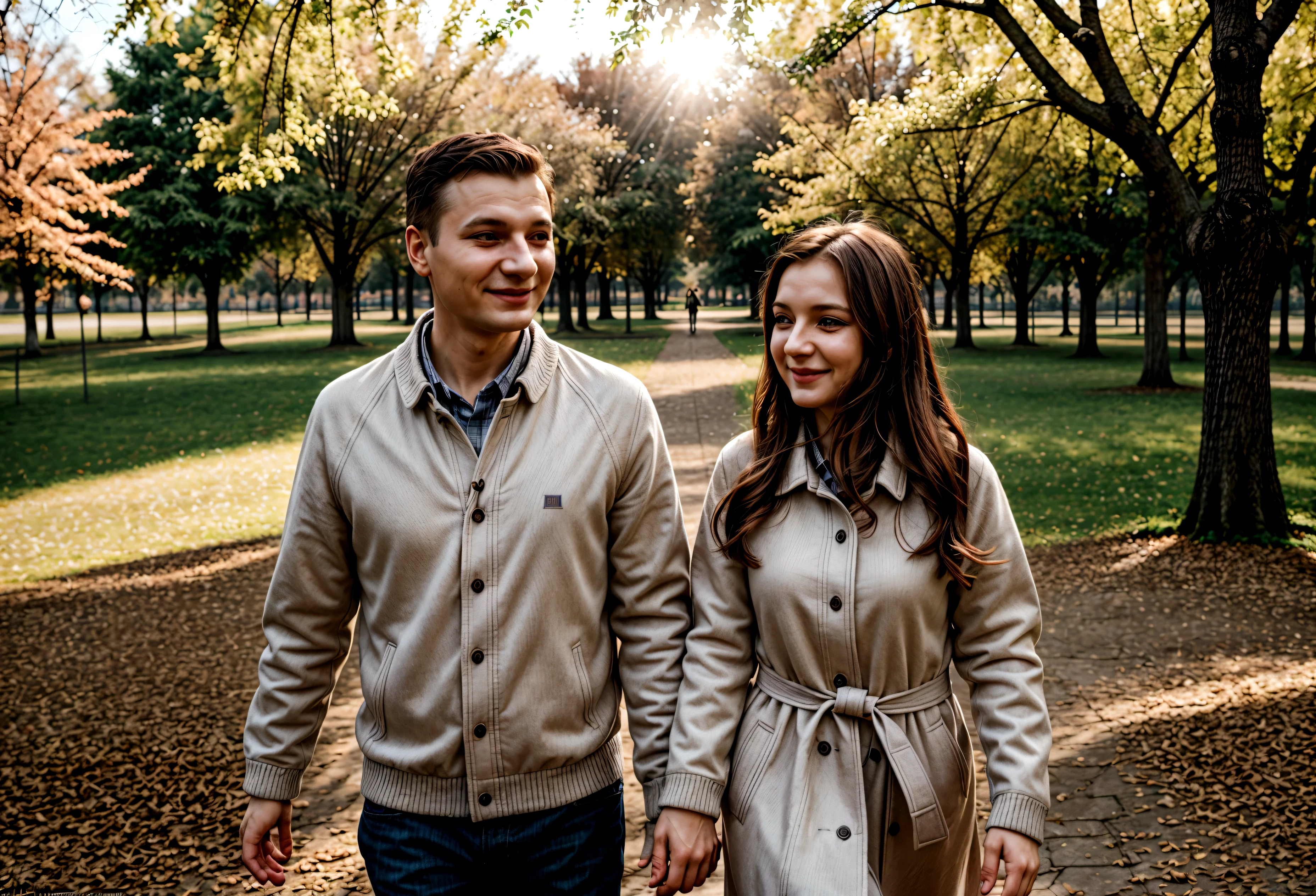 cinematic portrait of Slavic couple with smiling faces, standing in front of the camera, walking in a beautiful blooming park, husband and wife fascinated by nature, soft beauty, gentle sunlight behind, Fallen leaves, Face in front of the camera