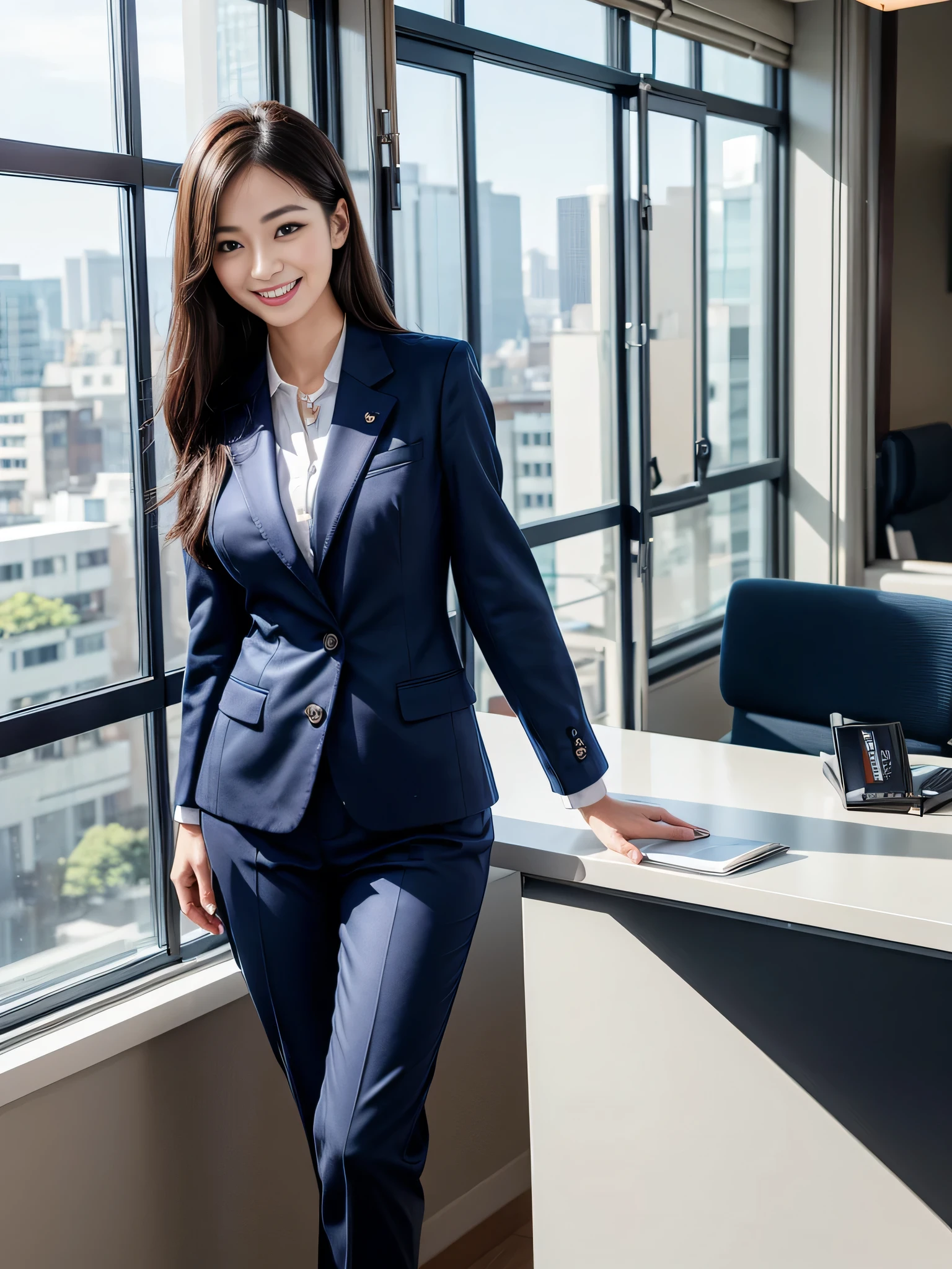 The face of a hostess、Dress code: high quality navy blue business suit、Surreal、healthy、Smiling face、Slim and perfect figure、Japanese Beauty、Beautiful Eyes、Perfect Face、Beautiful Skin、From the side、Background is an office on a high floor、By the window