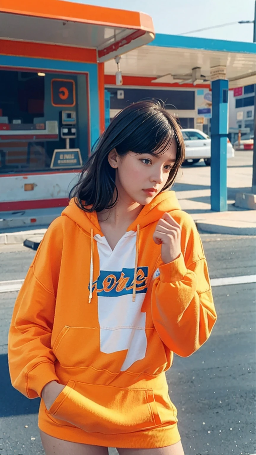 analog film photo cinematic photograph long shot portraits by Wes Anderson, cute 23 yo girl ,fokus, bokeh ,wear ((orange color oversized_hoodie)), wear ((purple tennis skirt)),looking front,Best Quality,Masterpiece,Ultra High Resolution,(Realisticity:1.4),Original Photo, 1Girl, light leak,ultra high resolution,UHD,beautiful, (black bob hair), almond eye, no makeup, in front of (80's gas station), (realistic:1.2), (surreal:1.3), (very detailed:1.1), ((masterpiece)),summer, blue sky, palm trees,sunny, los angles vibes,film camera, 800mm lens,style of Philip Lorca diCorcia
