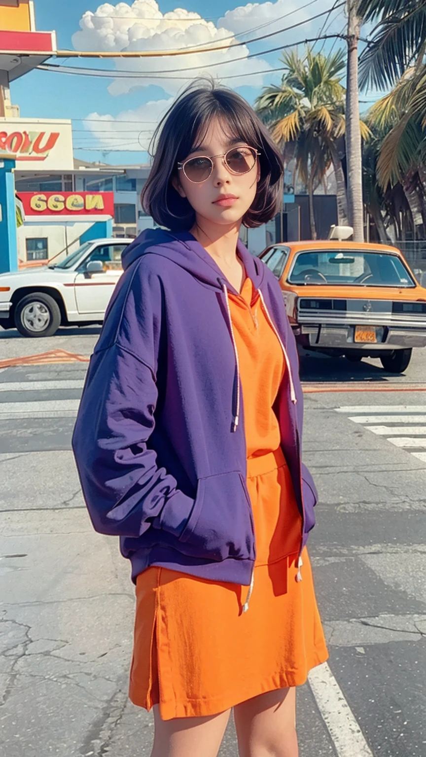 analog film photo cinematic photograph long shot portraits by Wes Anderson, cute 23 yo girl ,fokus, bokeh ,wear ((orange color oversized_hoodie)), wear ((purple tennis skirt)),looking front,Best Quality,Masterpiece,Ultra High Resolution,(Realisticity:1.4),Original Photo, 1Girl, light leak,ultra high resolution,UHD,beautiful, (black bob hair), almond eye, no makeup, in front of (80's gas station), (realistic:1.2), (surreal:1.3), (very detailed:1.1), ((masterpiece)),summer, blue sky, palm trees,sunny, los angles vibes,film camera, 800mm lens,style of Philip Lorca diCorcia