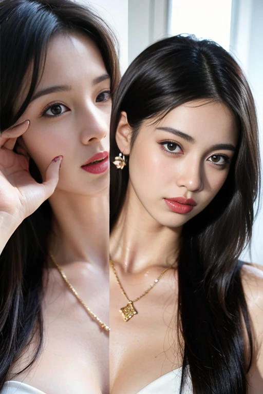 (Masterpiece:1.3), (8 thousand, realistic, raw photos, best quality: 1.4), (1 woman),(Very sexy), (Beautiful makeover), (유난히 아름다운 realistic 얼굴), (build a beautiful body) , (Long eyelashes), (Double eyelids), (black hair. Parting ways, long hair:1.3), (아름다운 Parting ways스타일), (The eyes are realistic and truly beautiful and delicate.), (Beautiful and big breasts), (realistic and beautiful skin), (nonsense), (charming), (Ultra high resolution), (extremely realistic), (very detailed), (golden ratio), (necklace), (earring), (สวยและVery sexy)