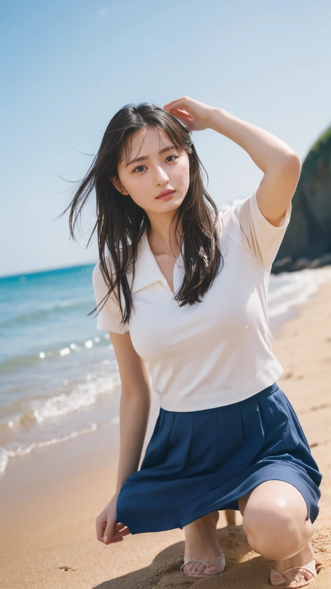 (((Top-down configuration:1.33)))、((No underwear:1.55))、One Girl、Beautiful and detailed eyes and face、barefoot、20 year old cute Japan woman, ((Extremely precise and accurate anatomy:1.0)), (photo Realistic:1.4), (hyper Realistic:1.4), (最高品質のRealisticな肌の質感:1.4), (Improvement of quality:1.4), (Enhances the beauty of skin texture:1.1), clean and glowing skin, mesh, thin:1.2, (Realistic:1.3), Realisticなライティング, (Smoother lighting:1.05), (Improving the quality of cinema lighting:0.9), Backlight, A gentle light that illuminates the face, Ray Tracing, (Bright light:1.2), 32k, One Japanese woman, fine grain, Detailed face, (Film Grain:1.1),(Accentuates body lines:1.1), High resolution, Natural look, Kind eyes, Enhances hair texture, Delicate light and shadow, Clear skin, Graceful Pose, Beautiful Eyes, Sharp details, Soft light reflection, Beautiful contours, Delicate skin tone, Fine hair texture, Natural background, (((sunny day、Beach、A strong wind is blowing、Her hair and skirt are flying、squat, Traditional navy blue sailor uniform、White blouse、Pleated skirt、Scooping seawater with hands:1.25、splash、Sandy Beach、Light of the sun、clear blue sea、The waves crash quietly、Blue sky and white clouds、green mountain々、Beautiful Nature、The joys of youth)))、