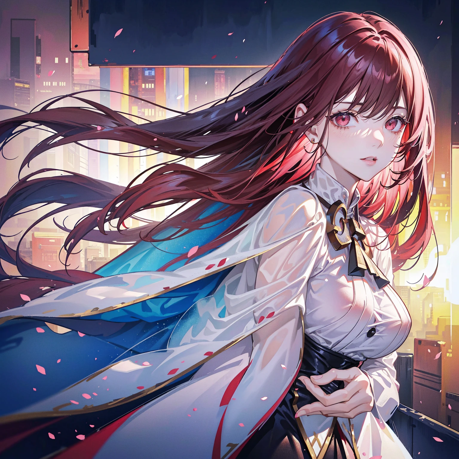 1girl, detailed eyes, detailed lips, detailed face, ((long red hair), large breasts), High-Neck A-Line Dress, under tree shadow, red eyes, pink lips, upper body, (best quality, 4k, 8k, highres, masterpiece:1.2), ultra-detailed, (realistic, photorealistic, photo-realistic:1.37), HDR, UHD, studio lighting, ultra-fine painting, sharp focus, physically-based rendering, extreme detail description, professional, vivid colors, bokeh, portrait